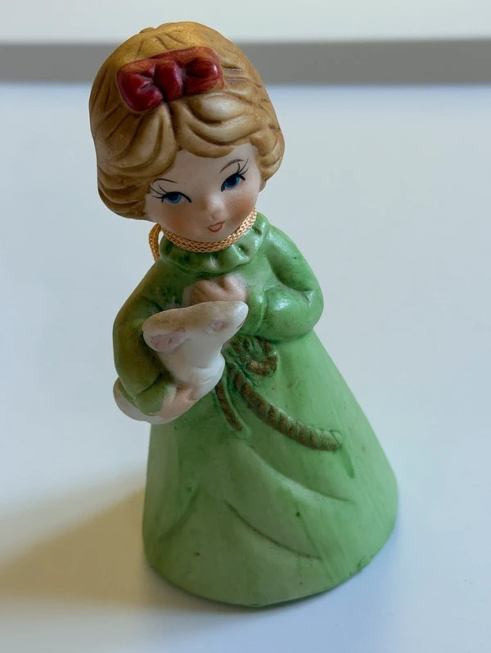 Vintage Jasco Merri Bells Girl Bunny Porcelain Bell Green Dress skuC